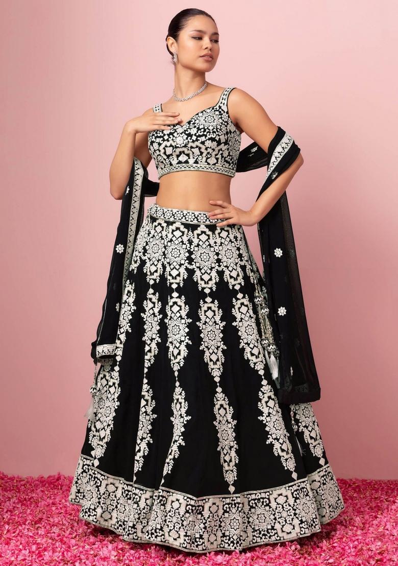Black Embroidered Georgette Lehenga Set - Indya