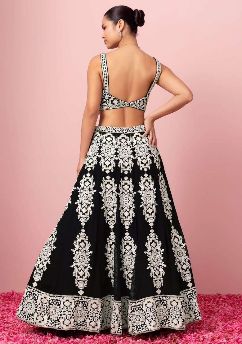 Black Georgette Lehenga Set with Embroidered for Diwali | Wedding & Festive Wear - Indya