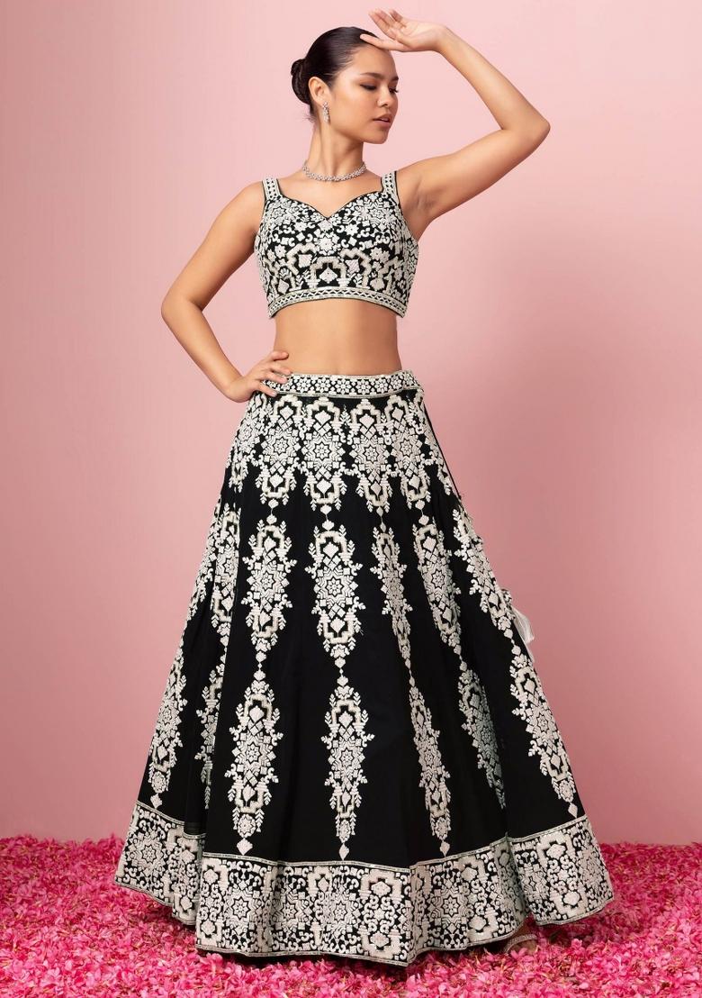 Black Embroidered Georgette Lehenga Set - Indya
