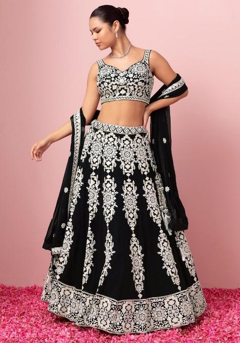 Black Embroidered Georgette Lehenga Set