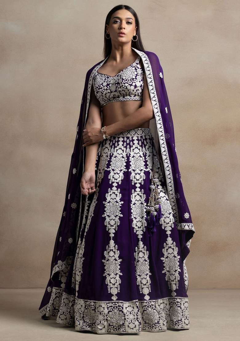 Purple Georgette Lehenga Set with Embroidered for Diwali | Wedding & Festive Wear - Indya