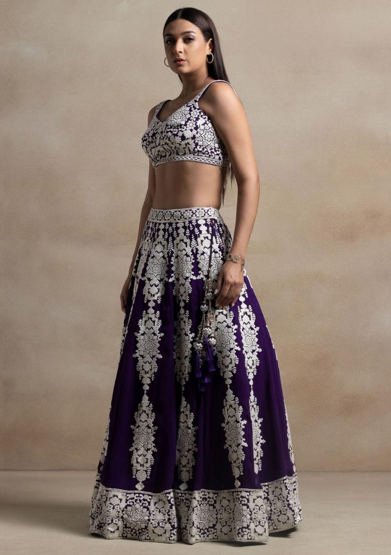 Purple Embroidered Georgette Lehenga Set - Indya