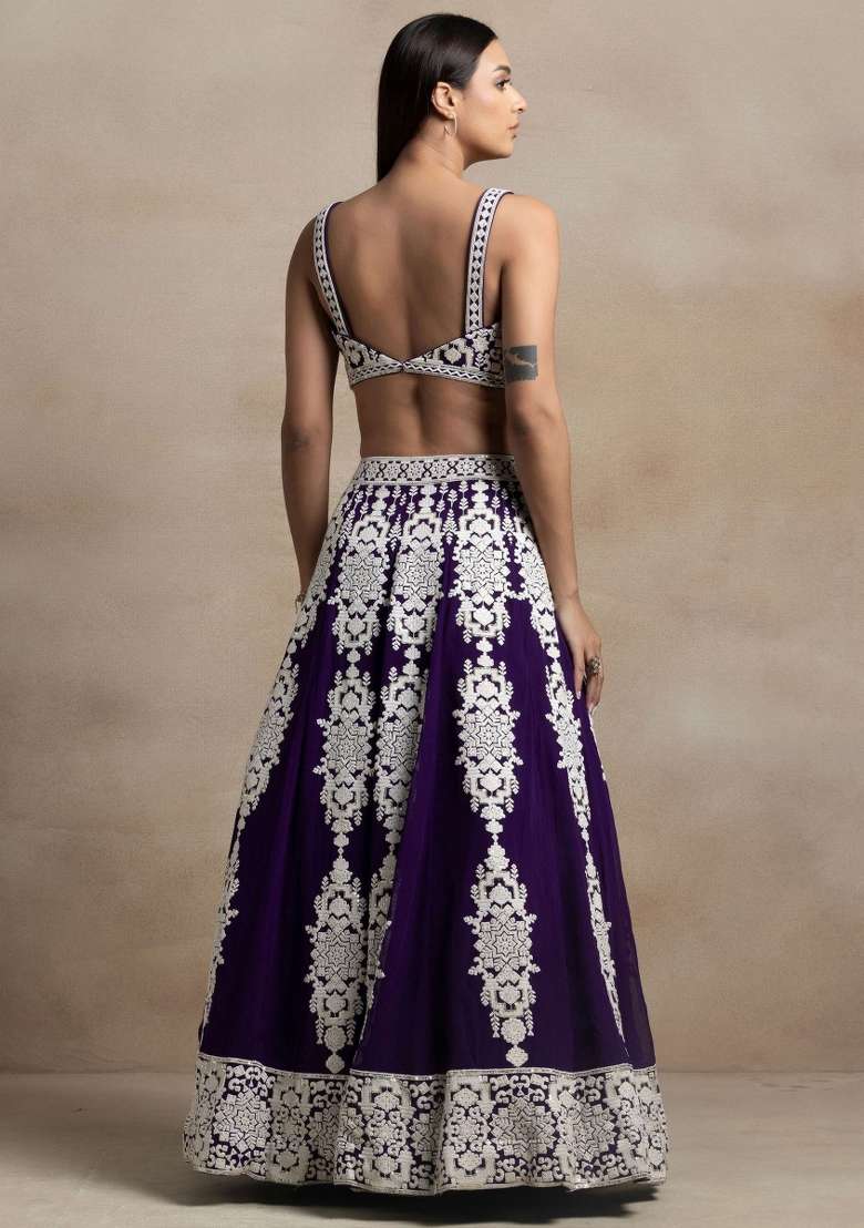 Purple Georgette Lehenga Set with Embroidered for Diwali | Wedding & Festive Wear - Indya