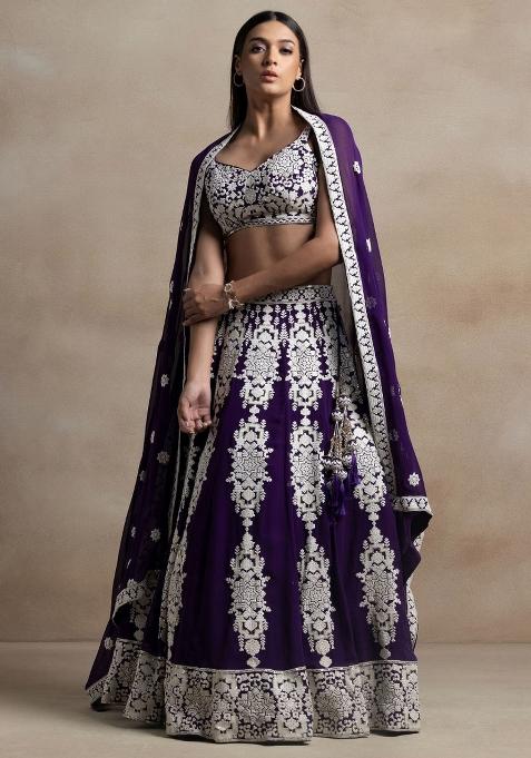 Purple Embroidered Georgette Lehenga Set