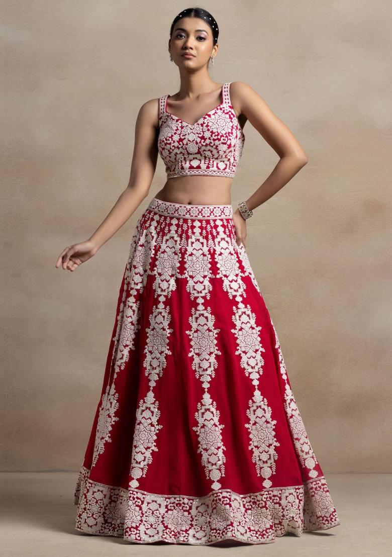 Red Embroidered Georgette Lehenga Set - Indya