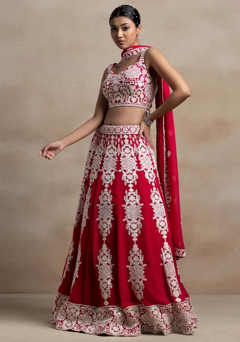 Red Embroidered Georgette Lehenga Set - Indya