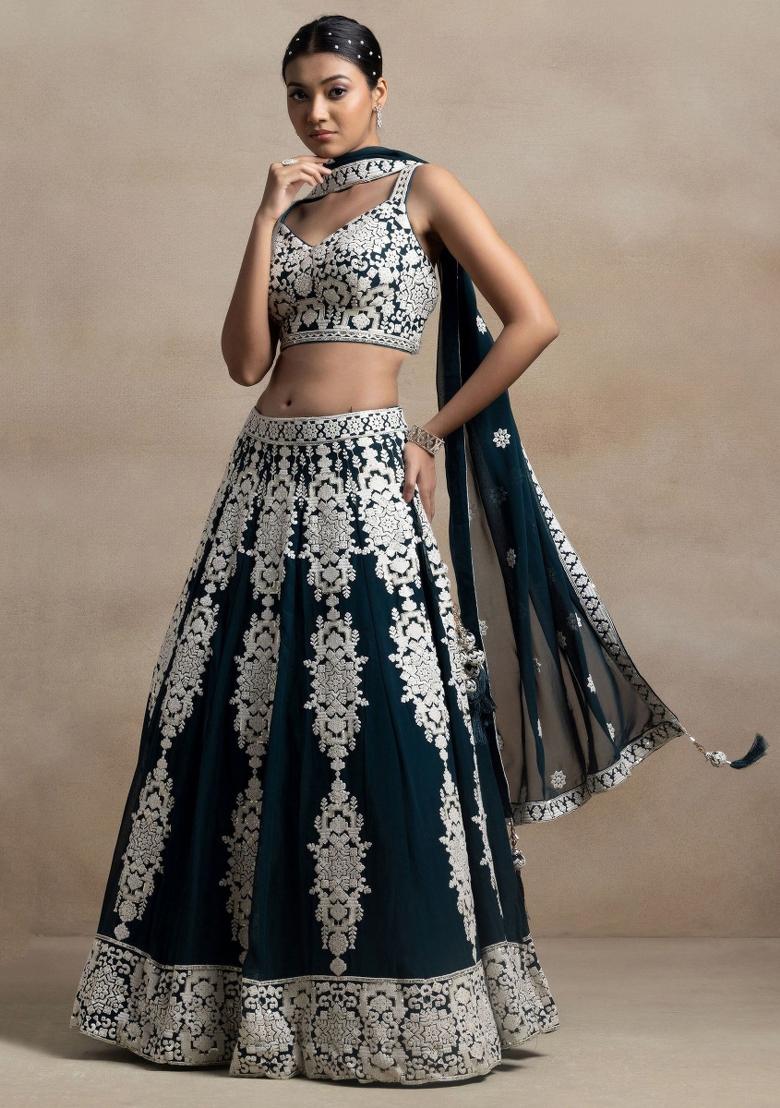 Turquoise Embroidered Georgette Lehenga Set - Indya