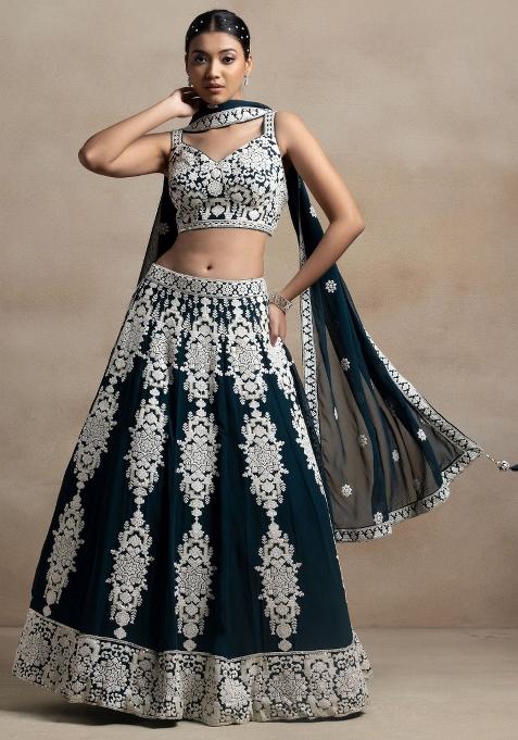 Turquoise Embroidered Georgette Lehenga Set