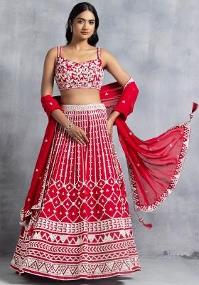 Red Embroidered Georgette Lehenga Set