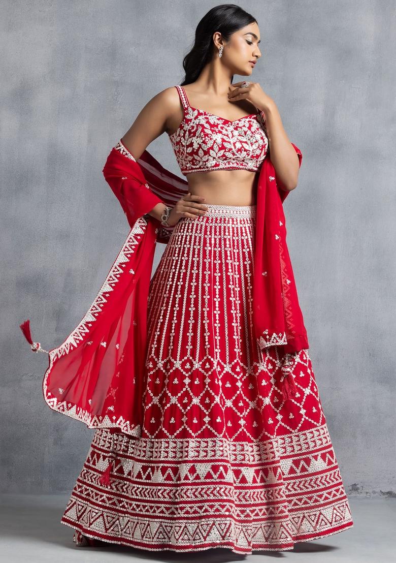 Red Embroidered Georgette Lehenga Set - Indya