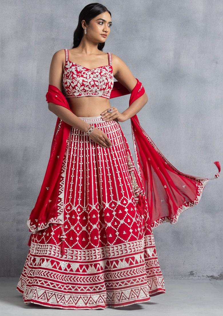 Red Embroidered Georgette Lehenga Set - Indya