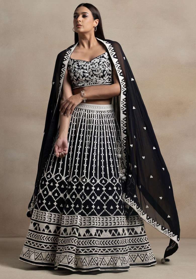 Black Georgette Lehenga Set with Embroidered for Diwali | Wedding & Festive Wear - Indya