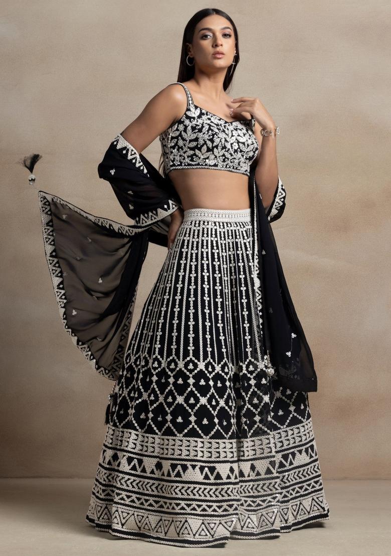 Black Embroidered Georgette Lehenga Set - Indya