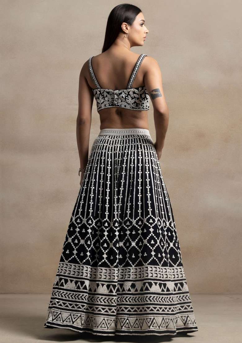 Black Georgette Lehenga Set with Embroidered for Diwali | Wedding & Festive Wear - Indya
