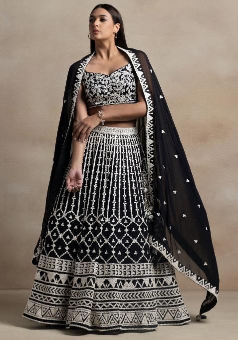 Black Embroidered Georgette Lehenga Set