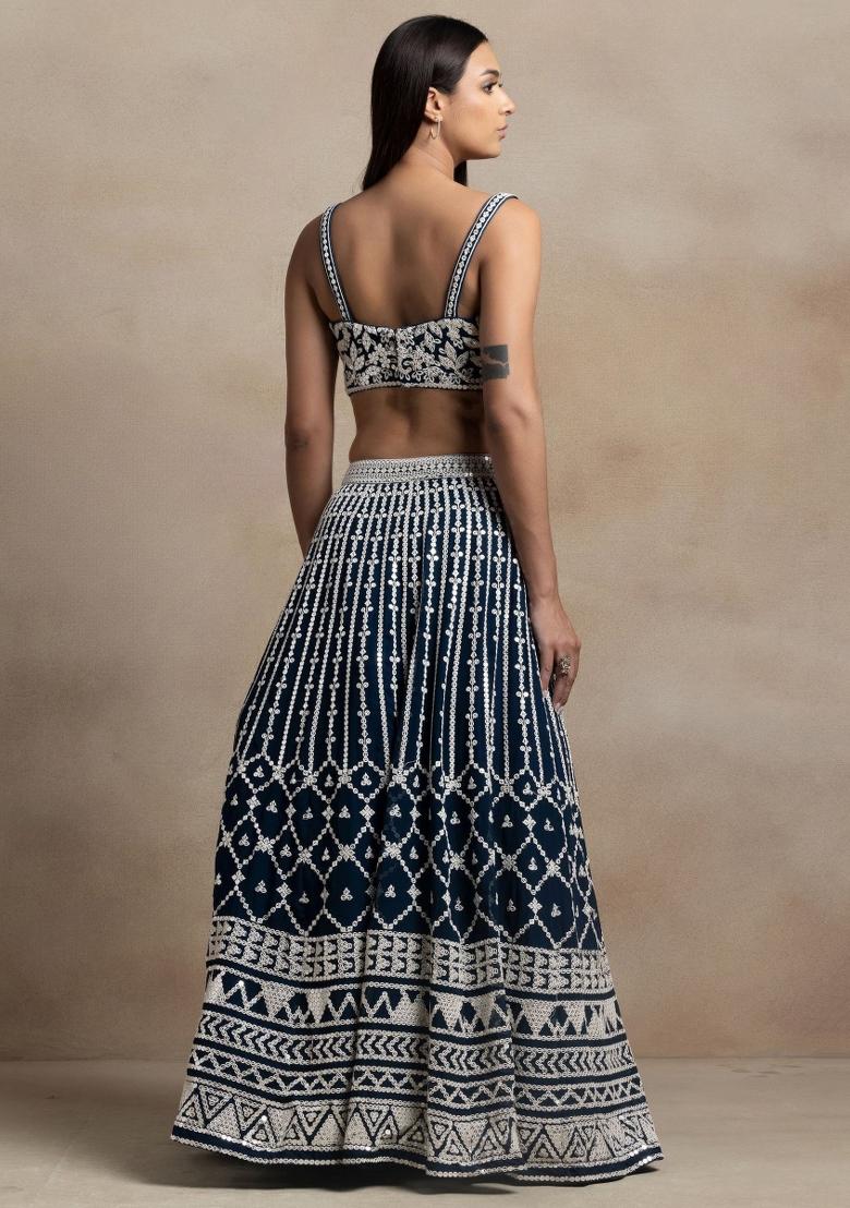 Blue Embroidered Georgette Lehenga Set - Indya