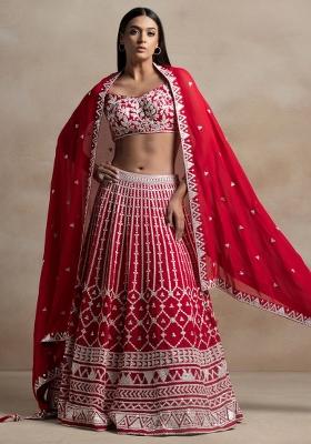 Red Embroidered Georgette Lehenga Set