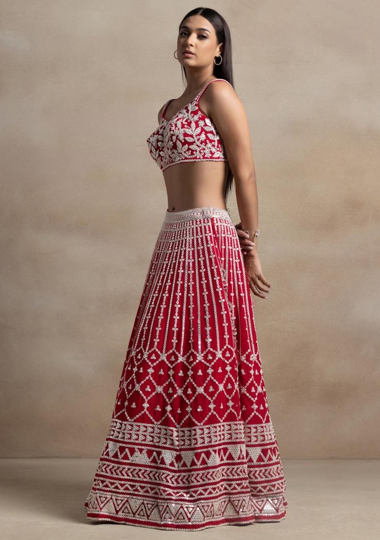 Red Embroidered Georgette Lehenga Set - Indya