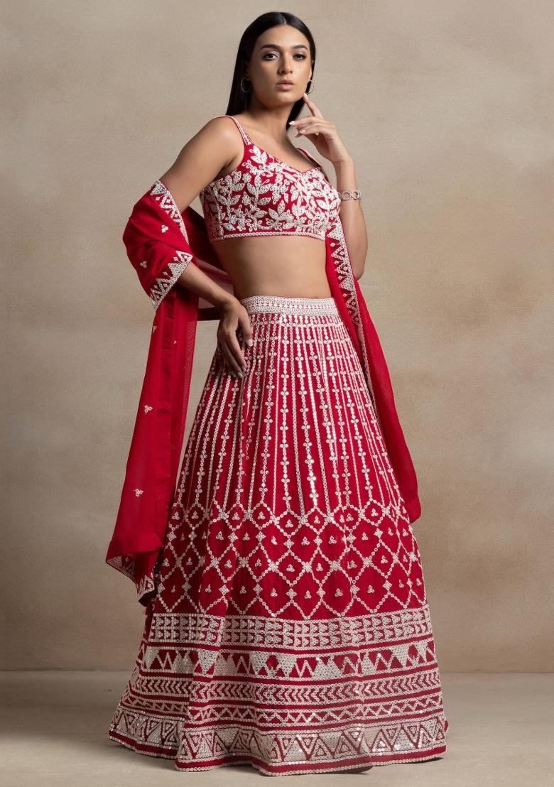 Red Embroidered Georgette Lehenga Set - Indya