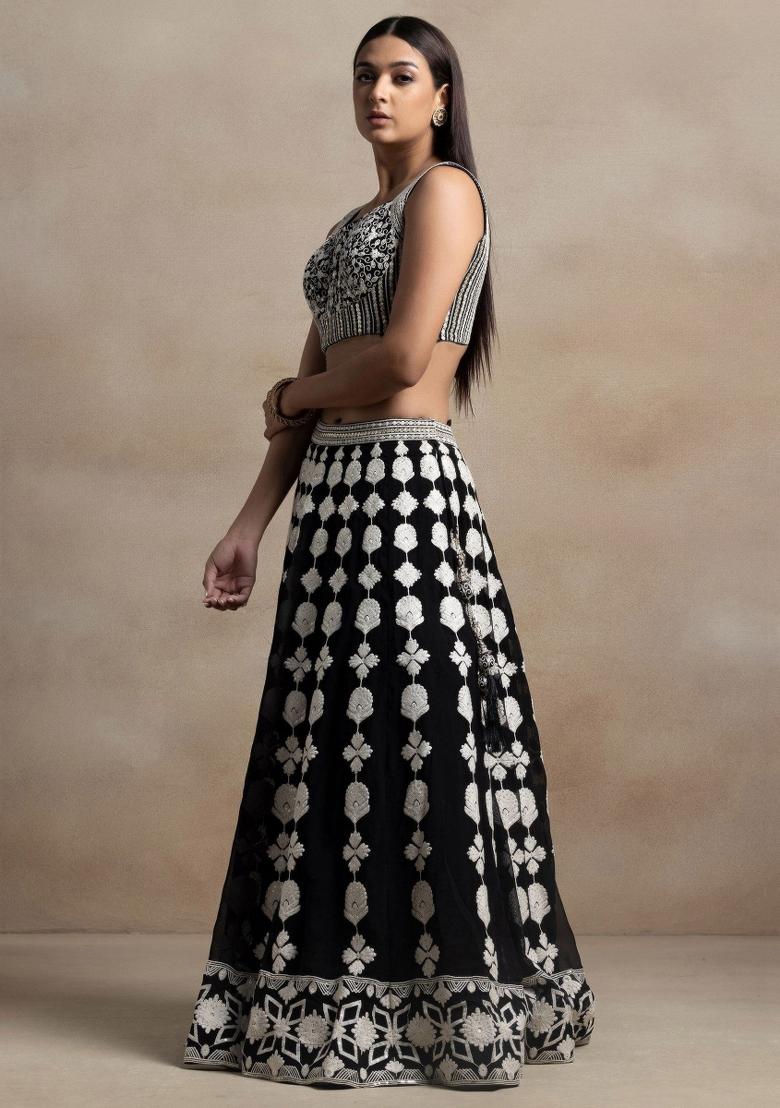 Black Embroidered Georgette Lehenga Set - Indya