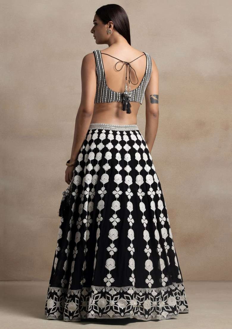 Black Embroidered Georgette Lehenga Set for Diwali and Festive Wear - Indya