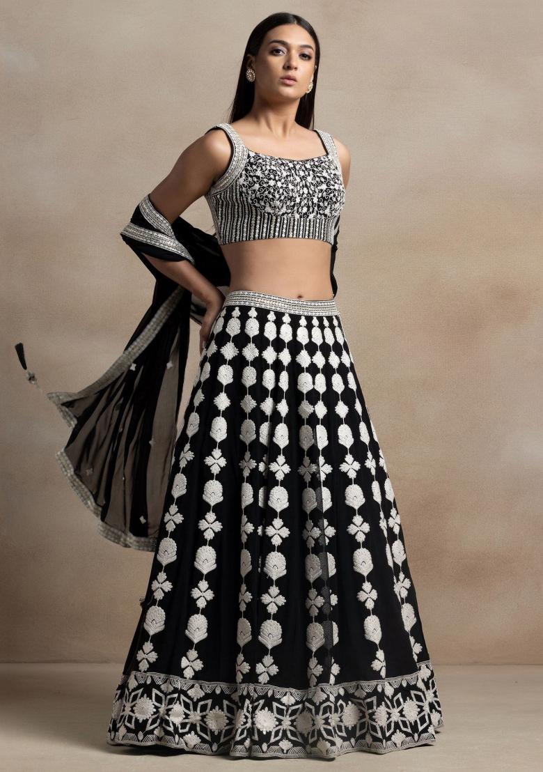 Black Embroidered Georgette Lehenga Set - Indya