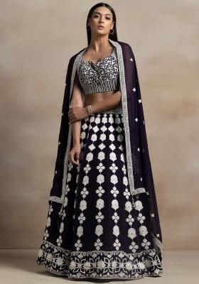 Dark Purple Embroidered Georgette Lehenga Set