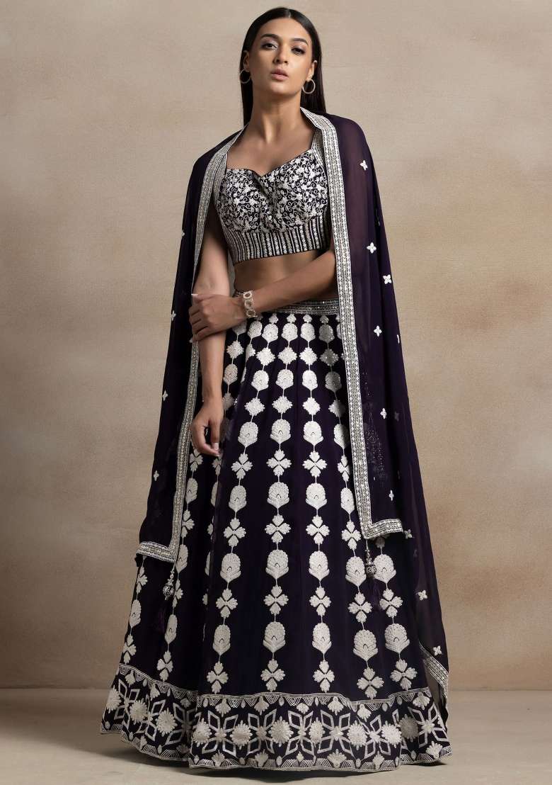 Dark Purple Georgette Lehenga Set with Embroidered for Diwali | Wedding & Festive Wear - Indya