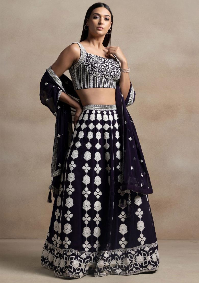 Dark Purple Embroidered Georgette Lehenga Set - Indya