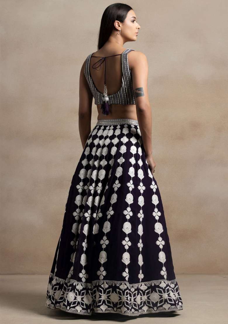 Dark Purple Georgette Lehenga Set with Embroidered for Diwali | Wedding & Festive Wear - Indya