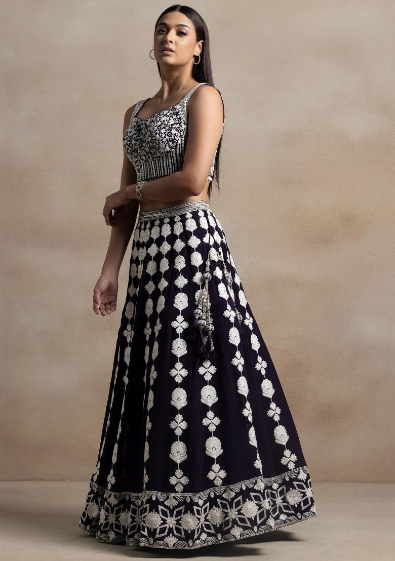 Dark Purple Embroidered Georgette Lehenga Set - Indya
