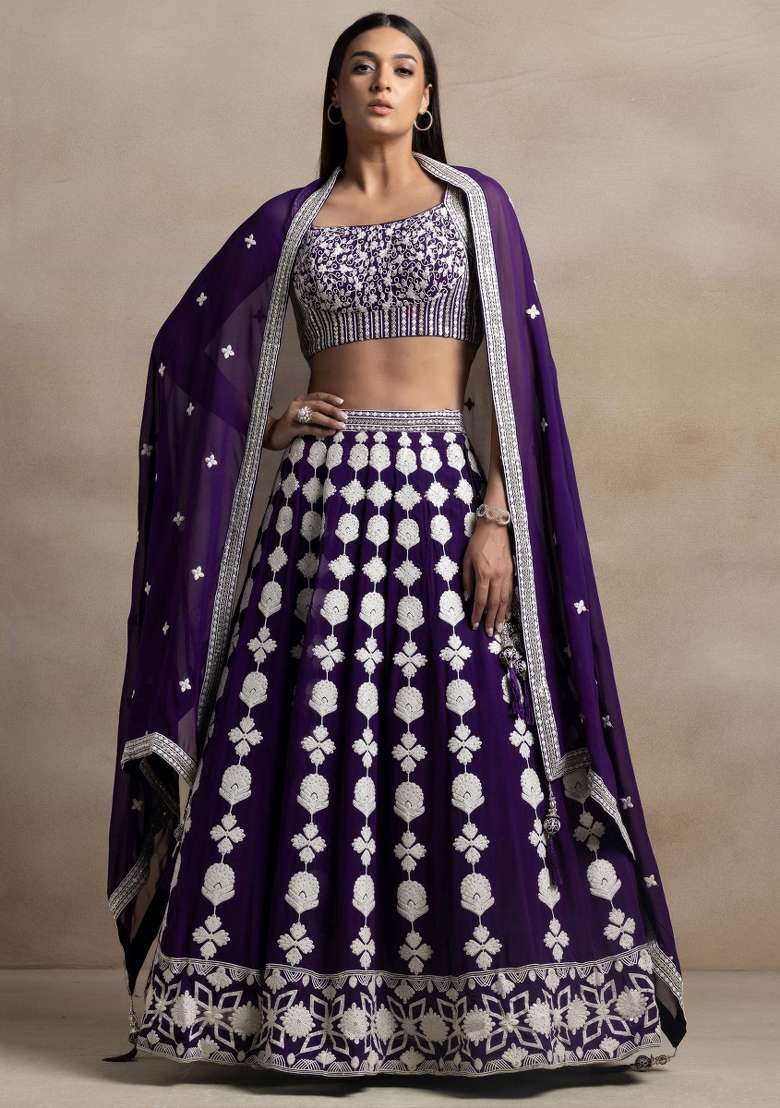 Purple Embroidered Georgette Lehenga Set for Diwali and Festive Wear - Indya