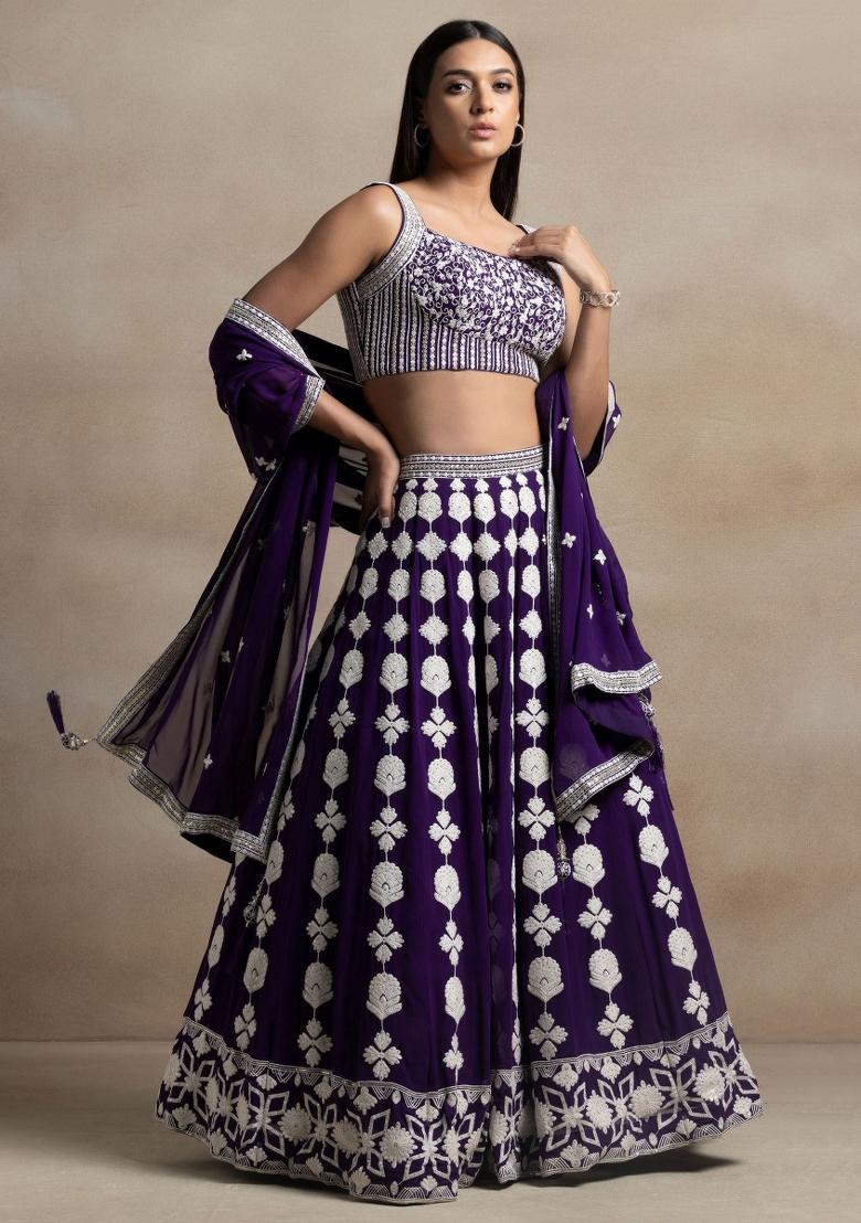 Purple Embroidered Georgette Lehenga Set - Indya