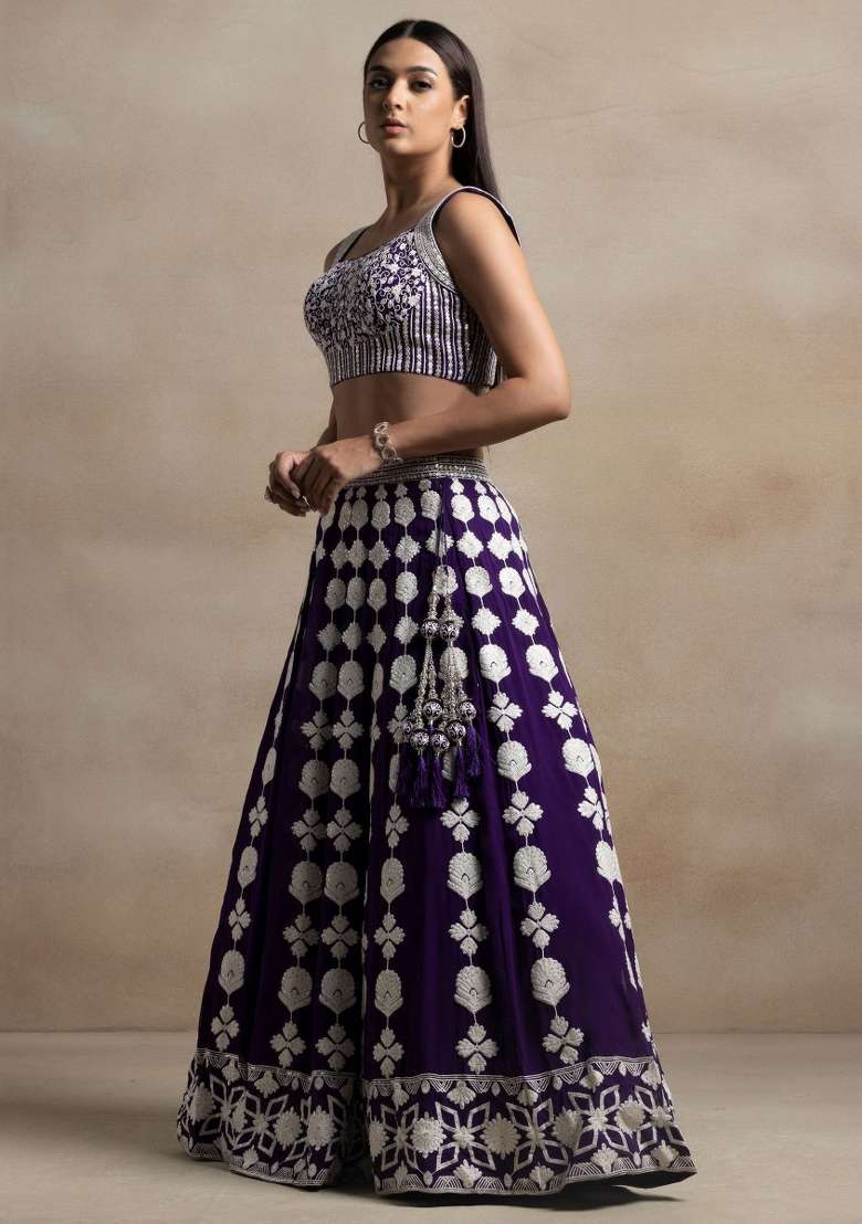 Purple Embroidered Georgette Lehenga Set for Diwali and Festive Wear - Indya