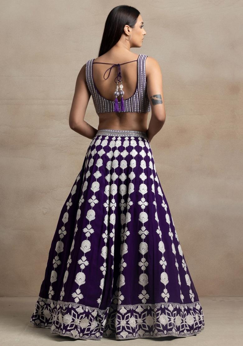 Purple Embroidered Georgette Lehenga Set - Indya
