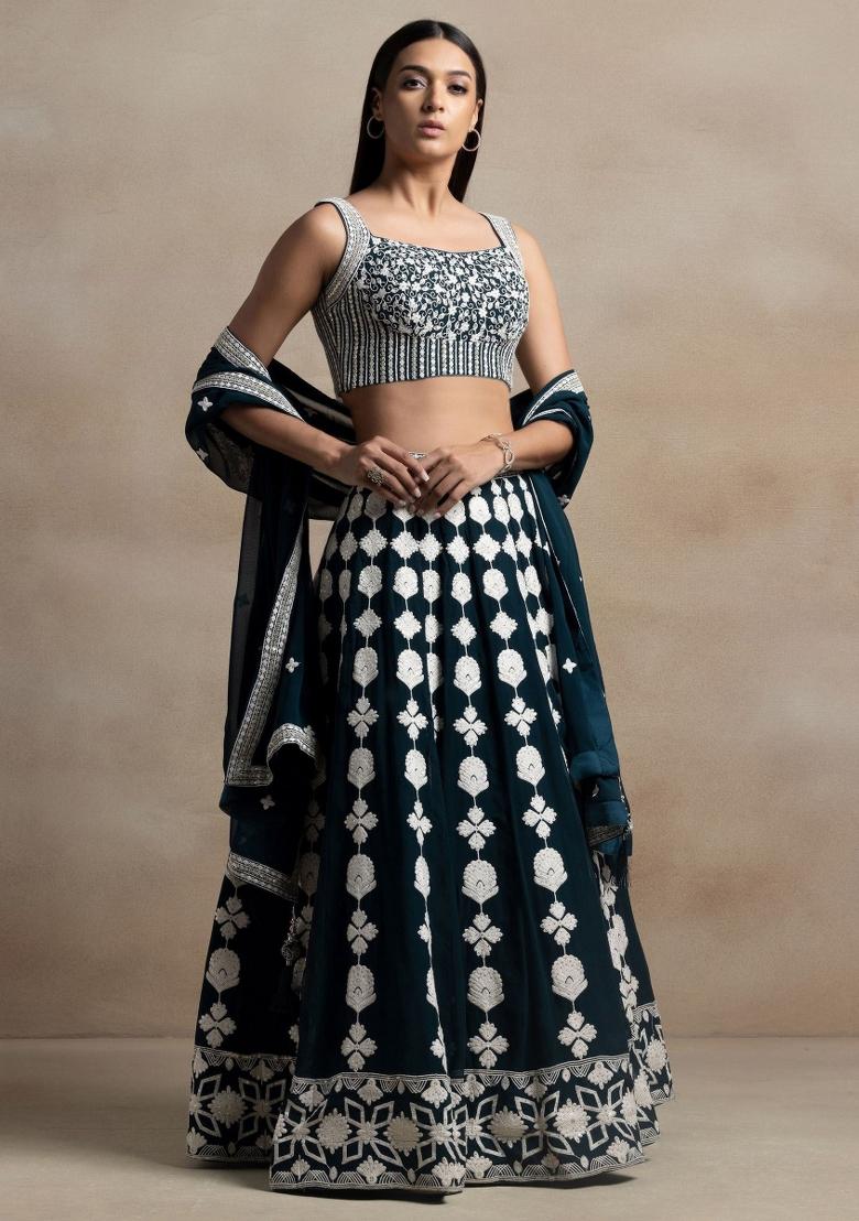 Turquoise Embroidered Georgette Lehenga Set - Indya