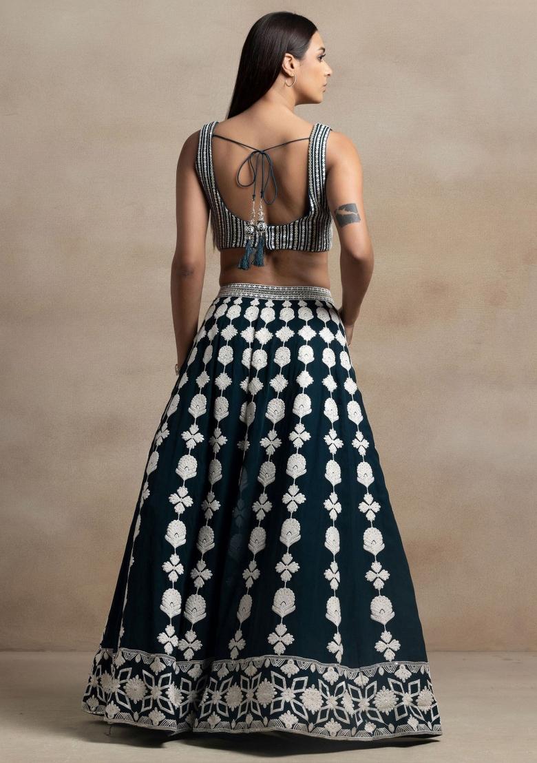 Turquoise Embroidered Georgette Lehenga Set - Indya