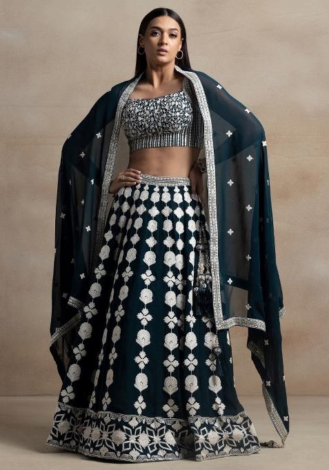 Turquoise Embroidered Georgette Lehenga Set