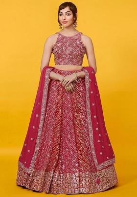Red Embroidered Georgette Lehenga Set