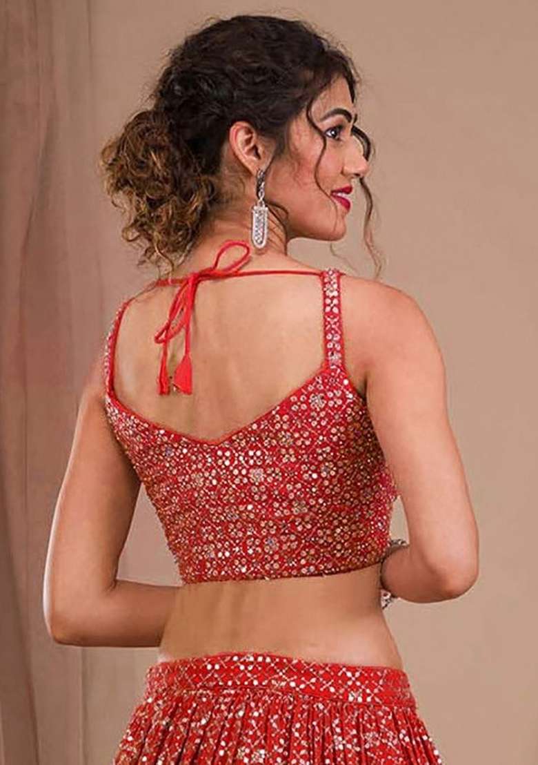 Red Georgette Lehenga Set with Embroidered for Diwali | Wedding & Festive Wear - Indya