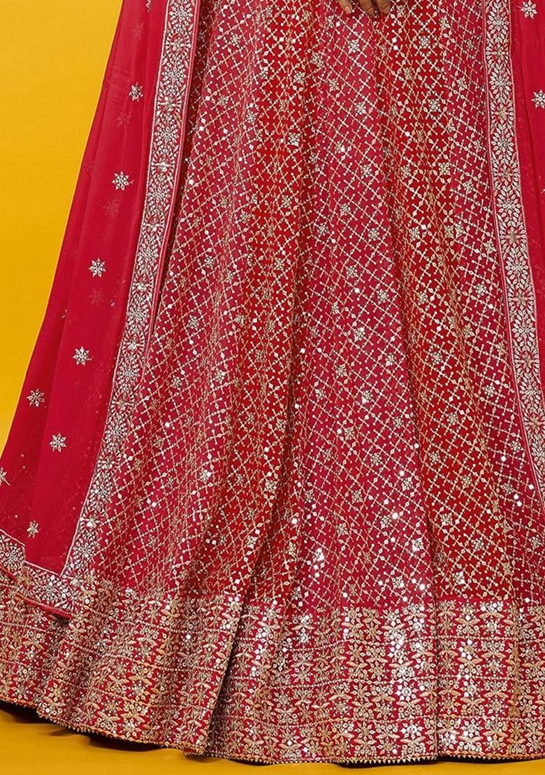 Red Embroidered Georgette Lehenga Set - Indya