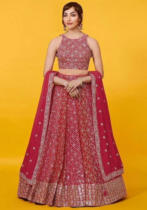 Red Embroidered Georgette Lehenga Set