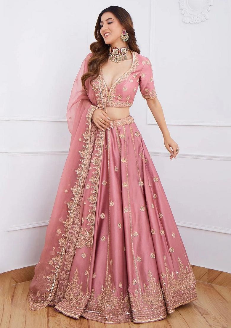 Pink Embroidered Silk Lehenga Set - Indya