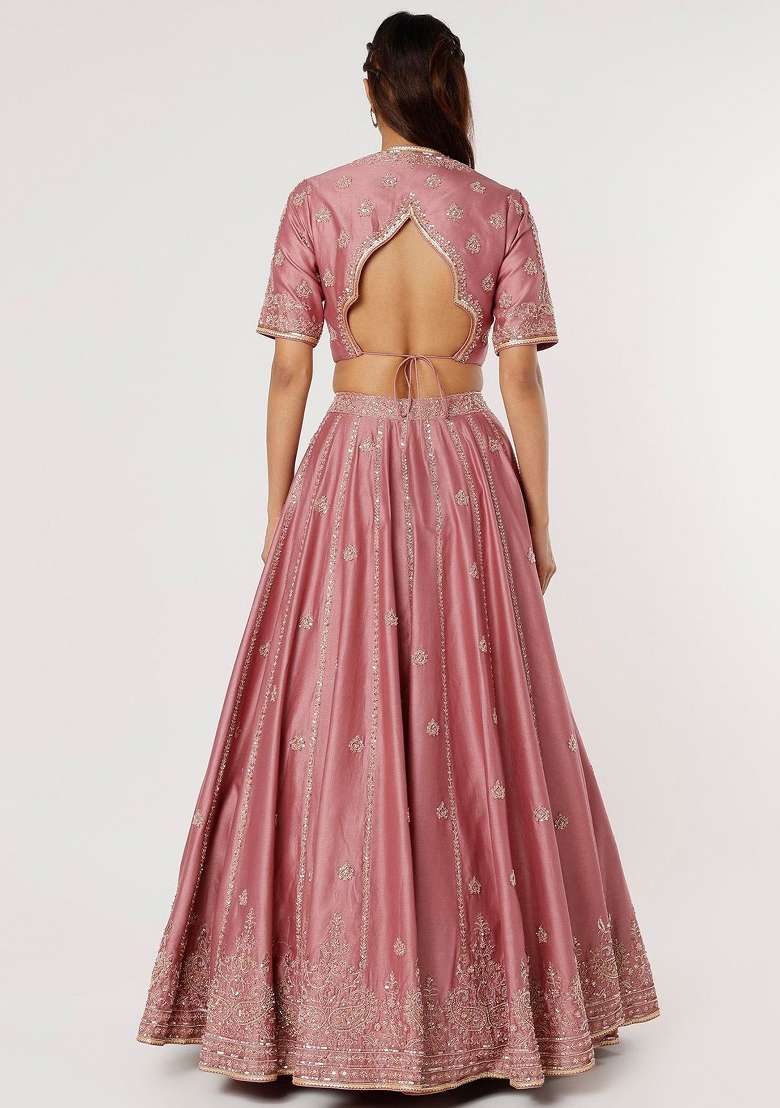 Pink Embroidered Silk Lehenga Set for Diwali and Festive Wear - Indya
