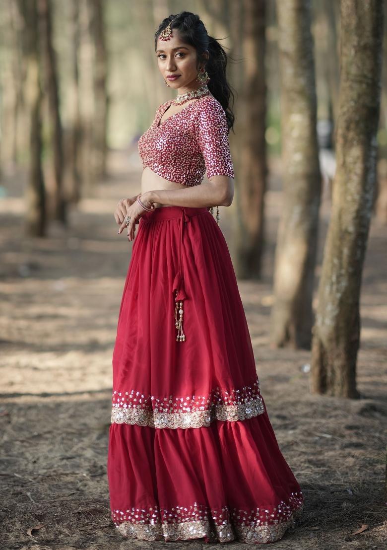 Red Embroidered Georgette Lehenga Set - Indya