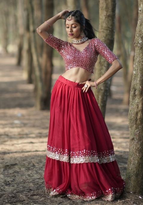 Red Embroidered Georgette Lehenga Set