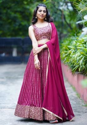 Wine Embroidered Georgette Lehenga Set