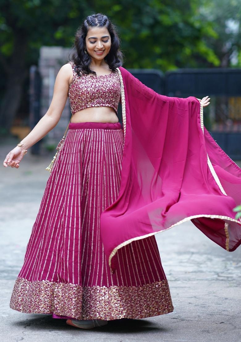 Wine Embroidered Georgette Lehenga Set - Indya