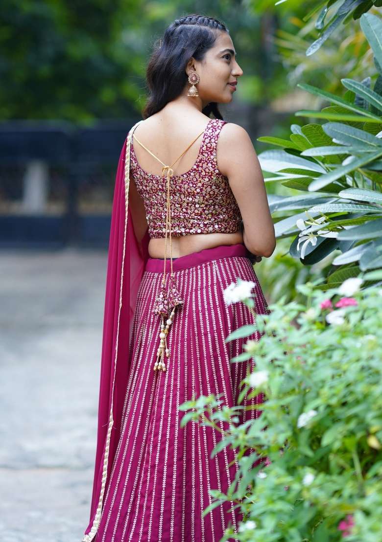 Wine Embroidered Georgette Lehenga Set for Diwali and Festive Wear - Indya