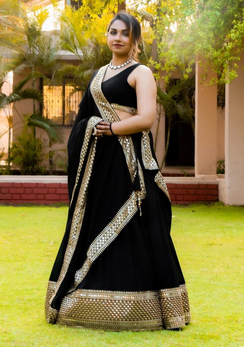 Black Embroidered Georgette Lehenga Set - Indya